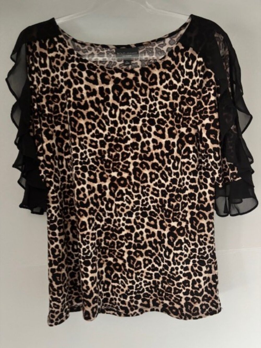 Bold Elements Leopard Blouse L Short Sleeve Sheer Ruffle Detail Cold Shoulder